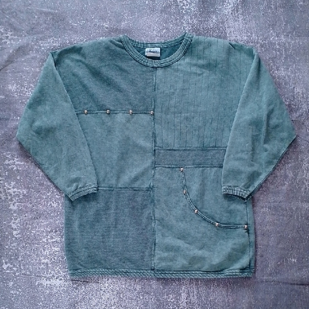 Vintage 90s Green Patchwork Long Sleeve Top WITH SIDE POCKET ACID WASH